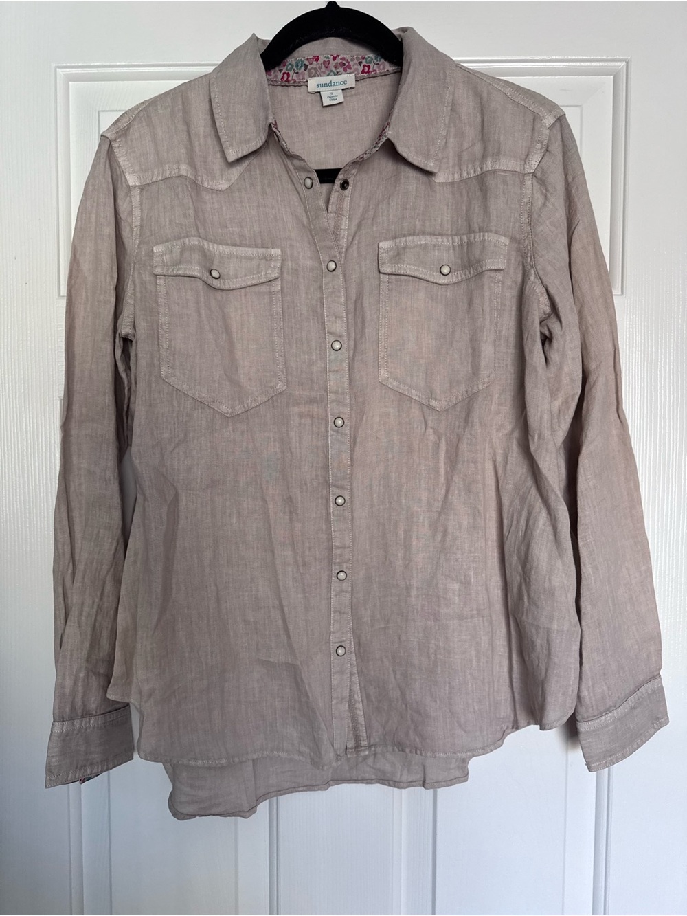 Sundance S 100% Linen Pearl Snap Lightweight Western Long-Sleeve Shirt Taupe